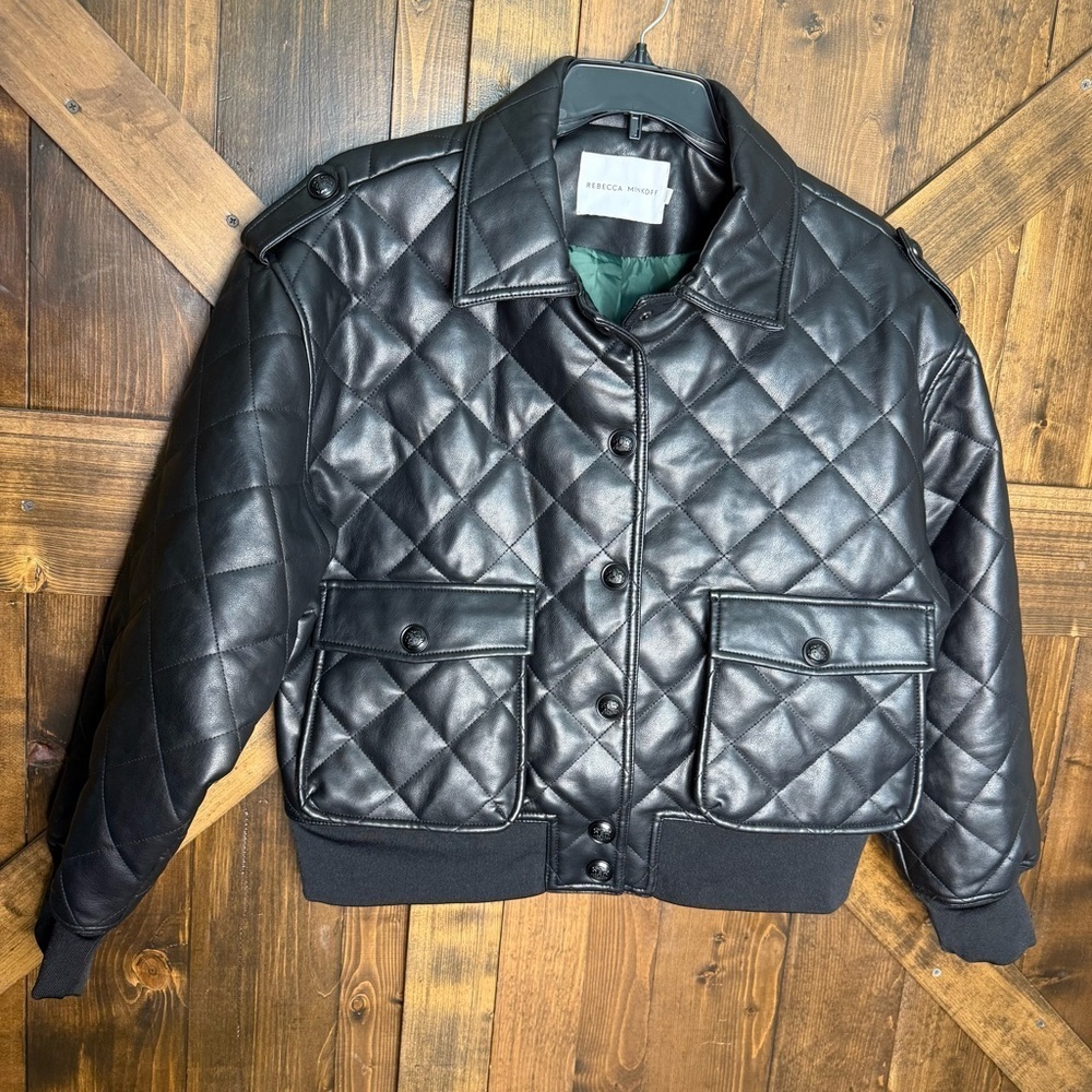 Rebecca Minkoff Black Quilted Oversized Vegan Leather Bomber Jacket Women’s L - Picture 4 of 13